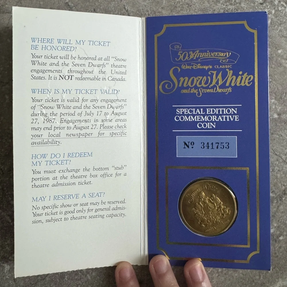 Disney Snow White 50th Anniversary Commemorative Ticket & Medallion Coin - 1987